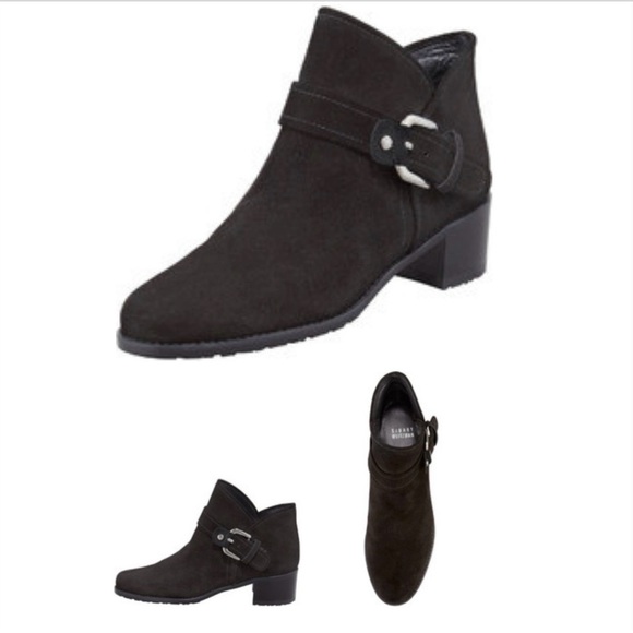 Stuart Weitzman Suede Black Bootie with Black Gunmetal Buckle, Block Heel, 5. - Picture 1 of 14